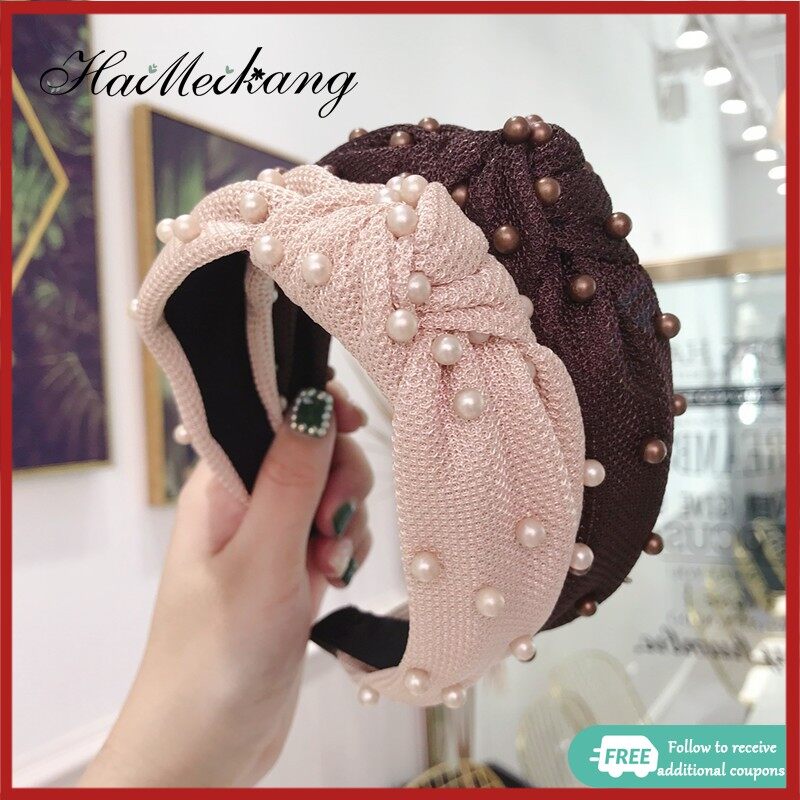 Lazy Braided Headband Korean Mesh Lattice Beaded Knotted Headband Fashion New High-end Pearl Headband Knot Wide-brimmed Women