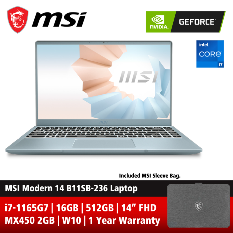 MSI Modern 14 B11SB-236 14 FHD Laptop Bluestone ( i7-1165G7, 16GB, 512GB SSD, MX450 2GB, W10 ) Malaysia