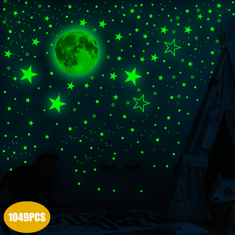 WEARXUNKANGDA 1049Pcs Realistic Stars and Full Moon Shining Decoration Nursery Glowing Ceiling Decals Stickers Glow in The Dark Stars Home Decals Wall Stickers