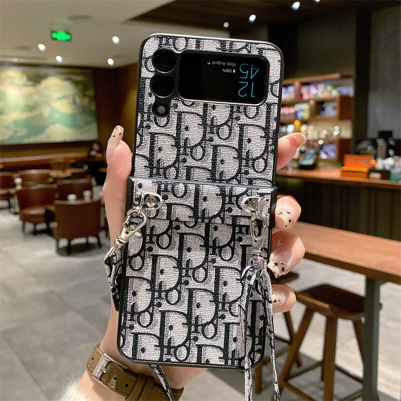 For Samsung Galaxy Z Flip4 Z Flip 4 Luxury Brand DO Letter Folding Phone Cover 3-in-1 Phone Case ShockProof Leather Back Cover with Cross Body Lanyard