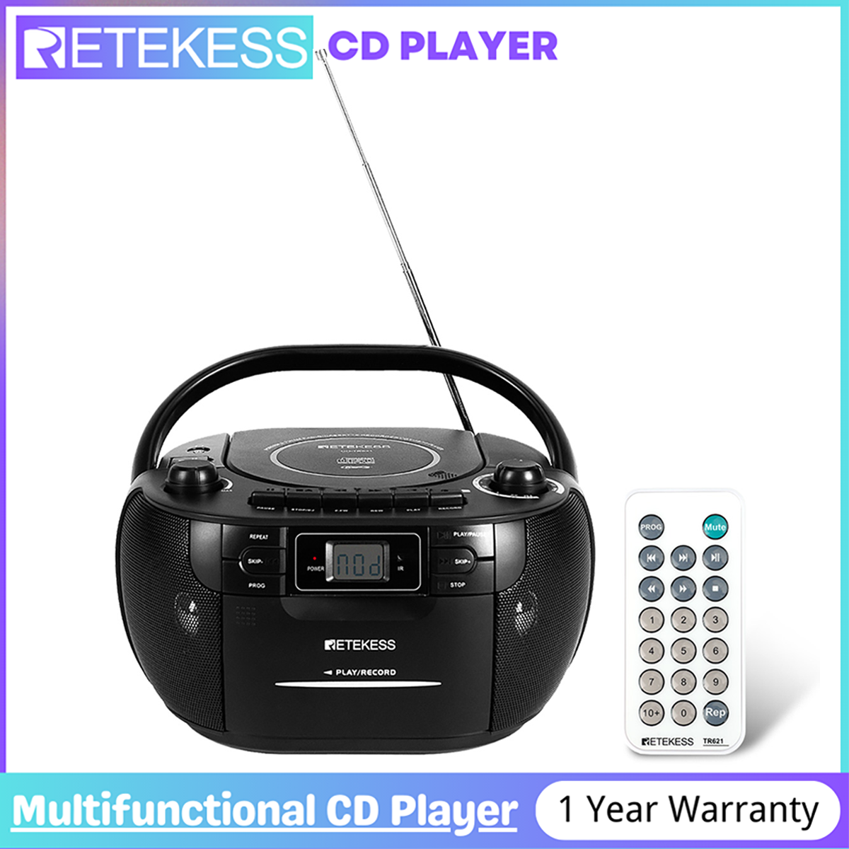 【New Arrivals】Retekess TR621 CD Cassette Player Portable Boombox AM FM Radio MP3 Player Stereo Sound with Headphone Jack and Remote Control Gift for Family (White)