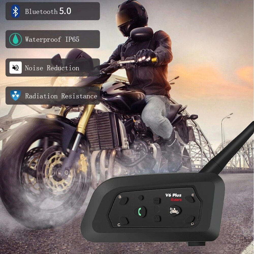 V6 Plus Bluetooth Motorcycle Helmet Intercom 1200M Headset for 6 Riders Waterproof BT Interphone Communicator