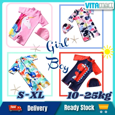 🇲🇾Kids Boy Girl Swimsuit Cute Dinosaur Fish Quick-Dry Boys Baby One Piece Swimming Suit Swimwear Baju Renang Budak Comel