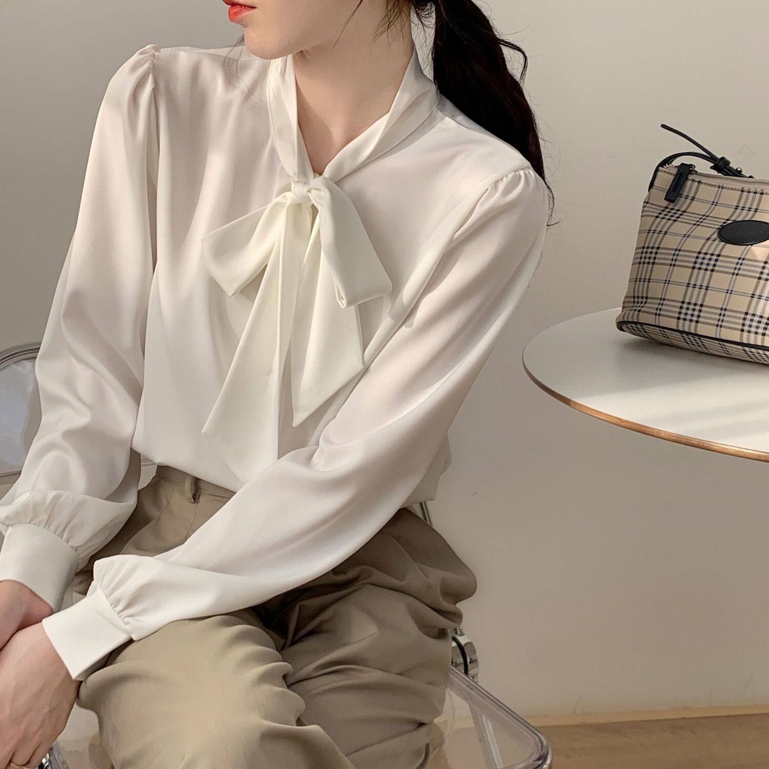 Bowknot Shirt Women's Long-sleeved Chiffon Tops