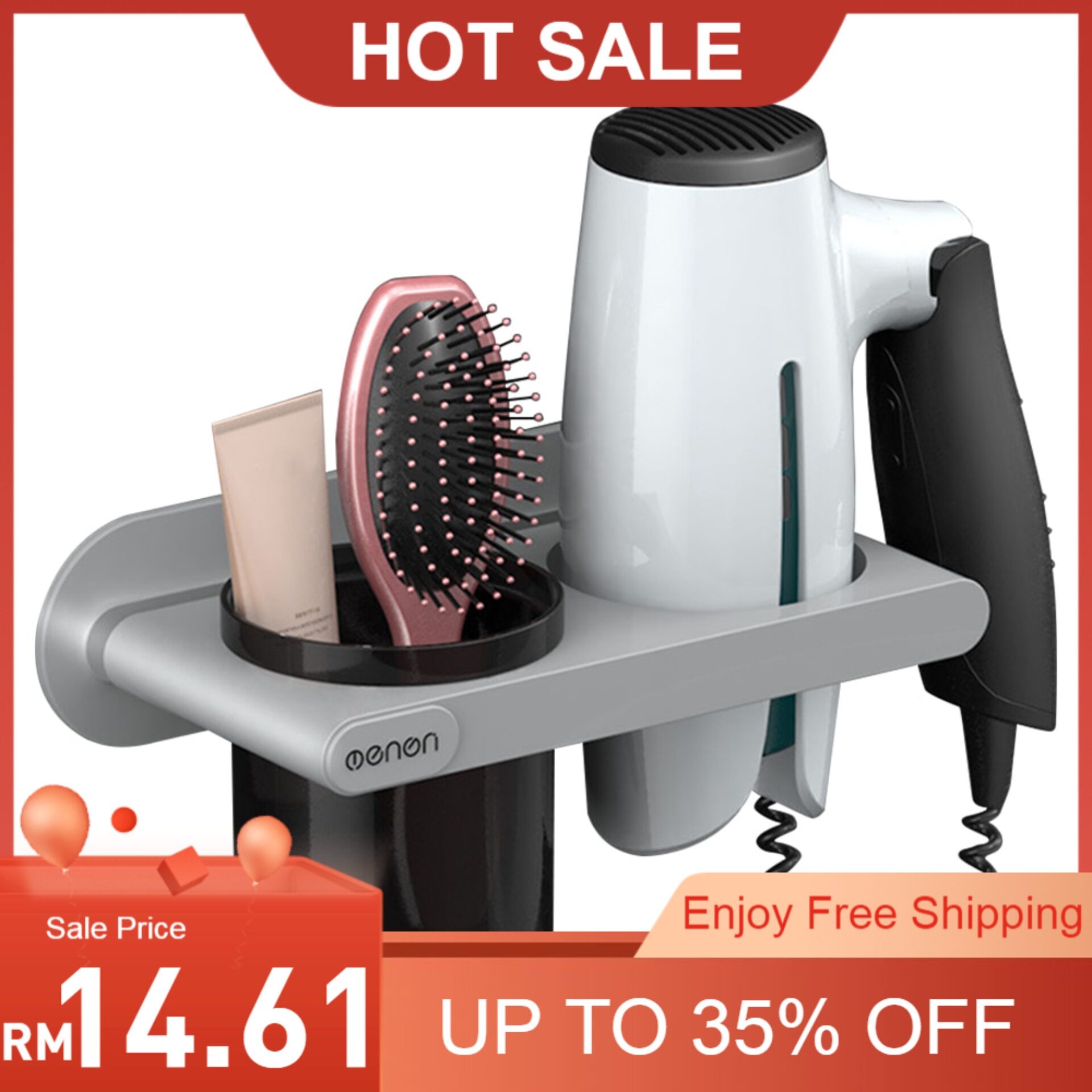 Wall Mounted Hair Dryer Holder Toothpaste Cup Storage Rack Bathroom Organizer