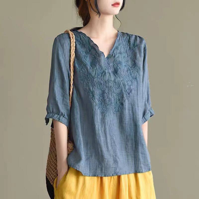 Cotton Shirts Women Large Size Summer Retro New Ladies Blouse Embroidered Retro Style Female Linen Tops