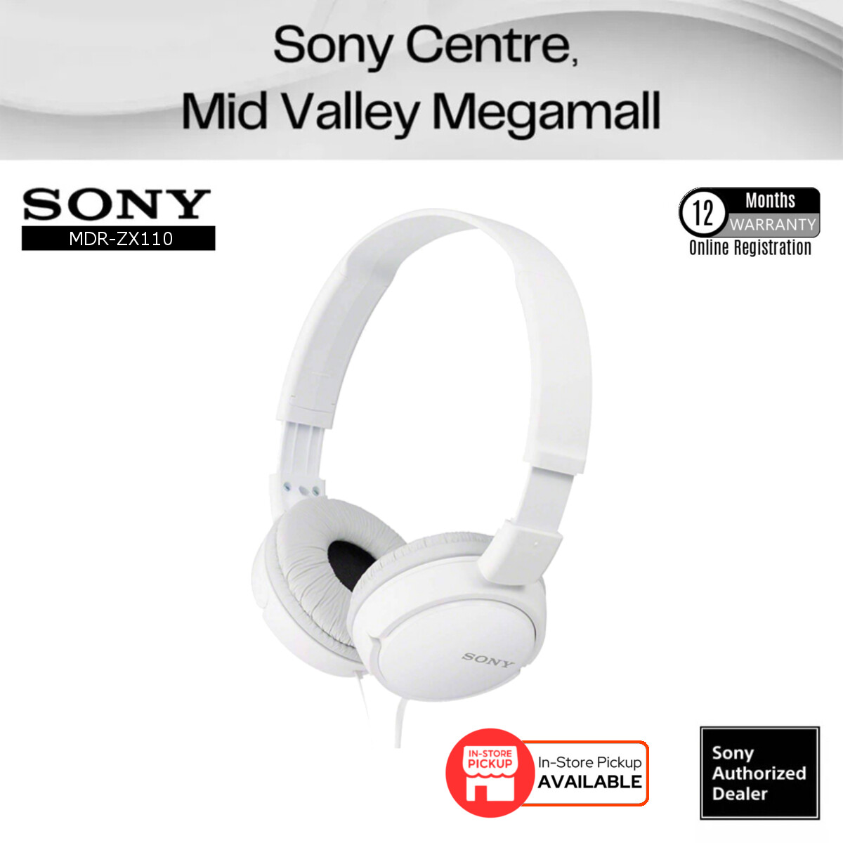 SONY MDR-ZX110 CRYSTAL SOUND STEREO HEADPHONE (WHITE) SONY