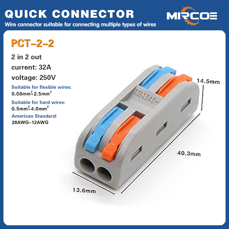 MIRCOE Wholesale Quick Wire Terminal Connector Universal Wiring Cable Out Wire Splitter Compact Splicing Connectors 2 in 2 out Cable Connector PCT2-2 10pcs 50pcs 100pcsset package wholesale
