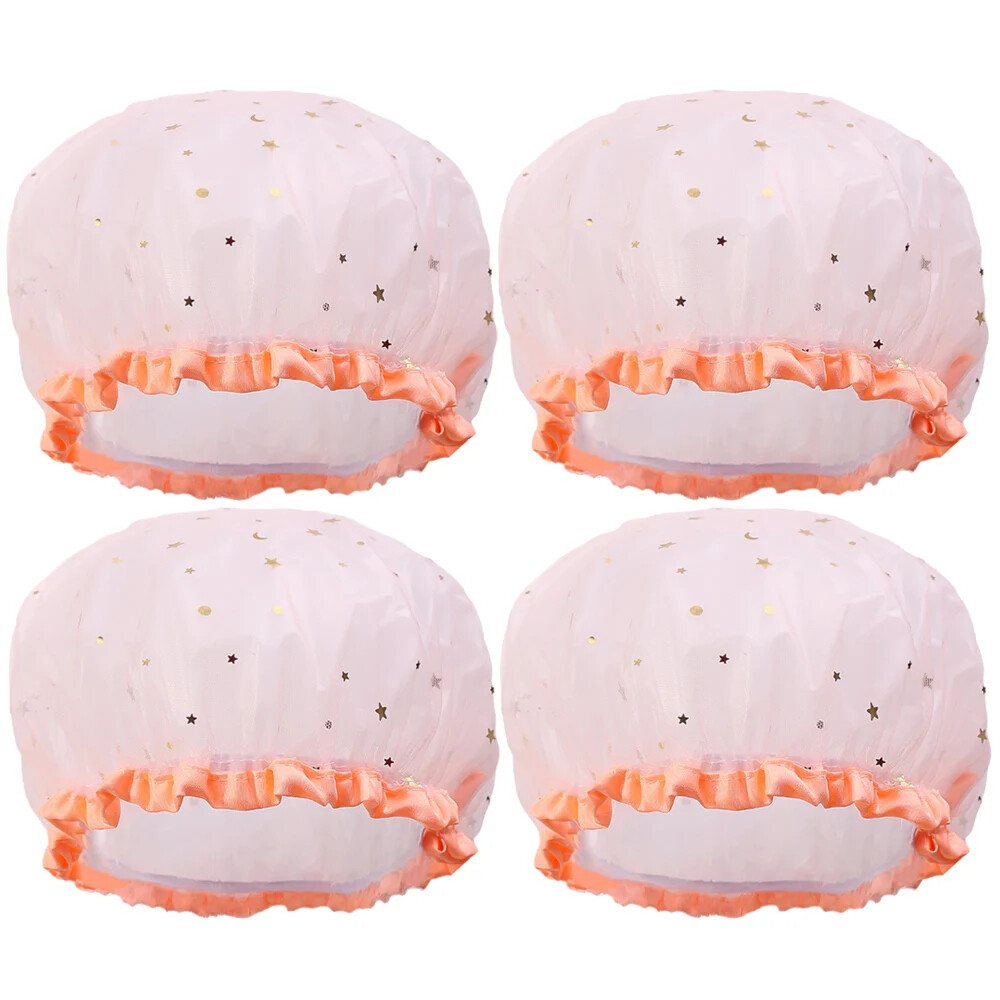 4PCS New Waterproof Double Layer Shower Cap Reusable Hair Cover Dustproof Thicken Elastic Bath Cap Household Bathroom Supplies