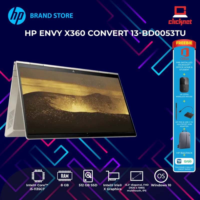 HP ENVY X360 13-BD0053TU LAPTOP (I5-1135G7,8GB,512GB SSD,13.3 FHD,IRIS XE GRAPHIC,WIN10 H&S + ADP) Malaysia