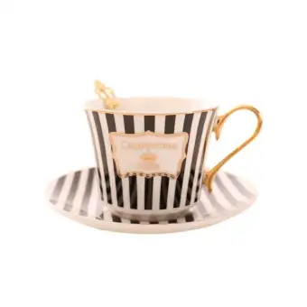Concise Stripe Bone China Coffee Cup Saucer Gold Spoon Set Elegant Ceramic Tea Cup 225ml Porcelain Teacup Cafe Drinkware