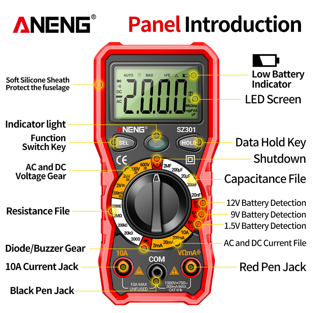 ANENG SZ301 600V Digital Multimeter 2000 Count High-precision Intelligent AC/DC Votage Current Automatic Tester Electrical Resistance Ohm Ammeter Capacitance Meter
