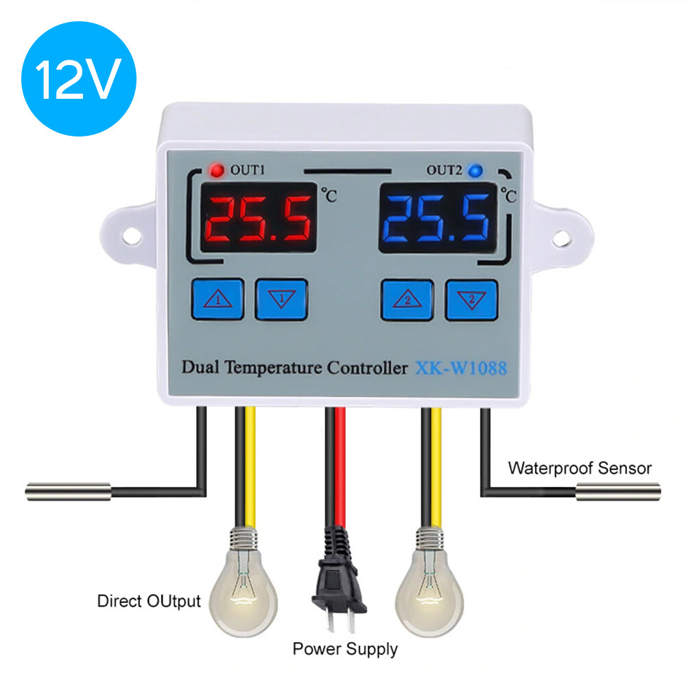 W1088 Dual LED Digital Temperature Sensor Meter Controller Electric Heating Thermostat 12V/24V/110-220V Aquarium Incubator Thermoregulator