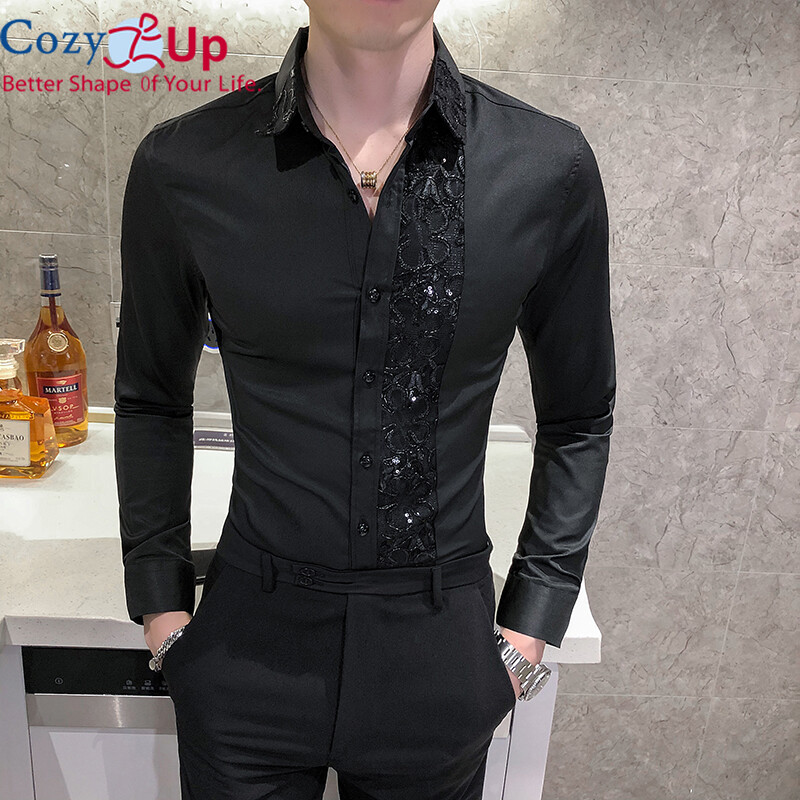 Cozy Up Men's Shirt British Style Long-sleeved Lace Stitching Slim Solid Color Lapel Casual