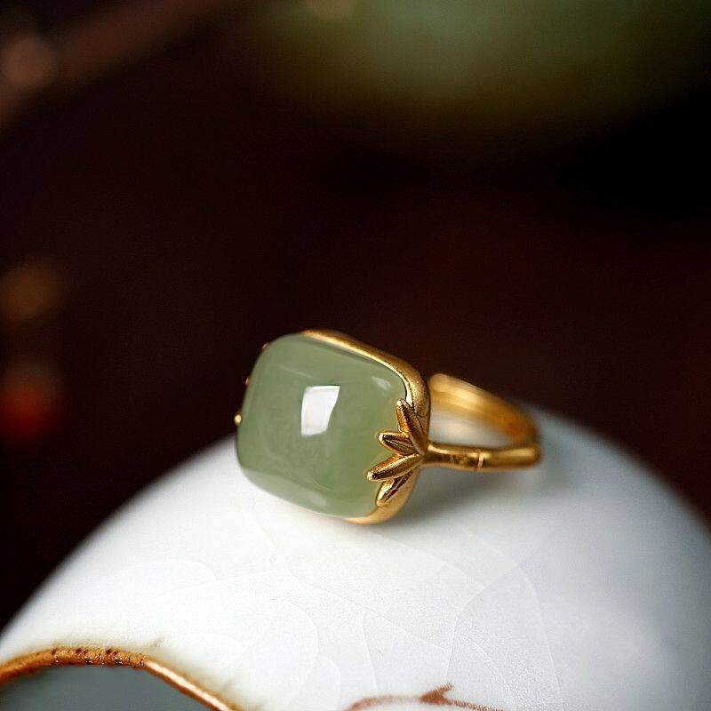 T-B New Jade Ring Bamboo Ring Vintage 925 Silver Ring Hetian Jade Ring Adjustable Ring for Women