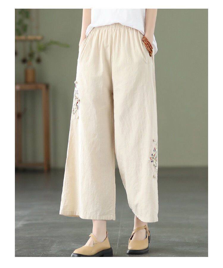 Quần ống Rộng Nữ Bông Và Lanh Thêu Dân Tộc Quần Baggy Nữ Lưng Cao Khóa Văn Học Cổ điển Quần âu
