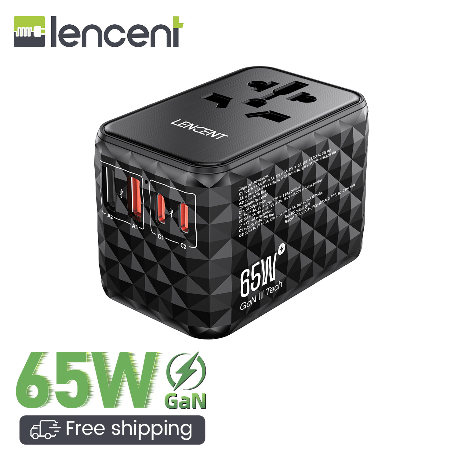 Lencent gan 65w universal travel adapter international fast charger 2 usb-a & 2 usb-c power plug converter, power outlet adapter for phones,laptops, all in one travel essentials for eu/usa/uk/au