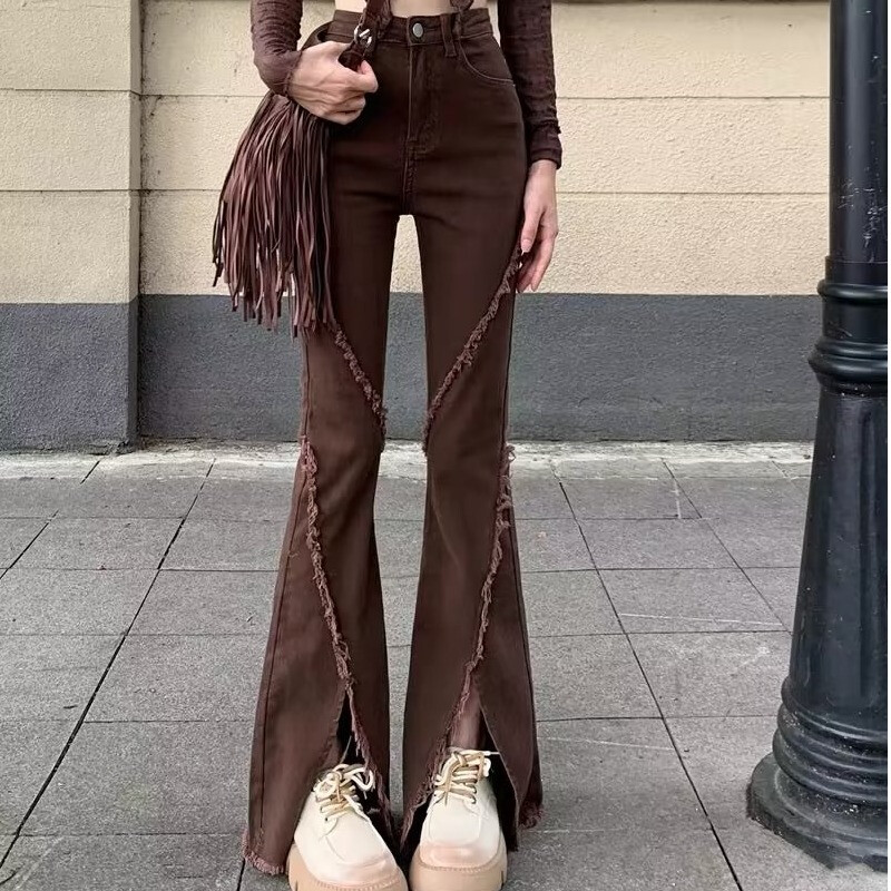 Slender American retro -edged micro -flared pants, split jeans, jeans, autumn high waist mop pants long pants children