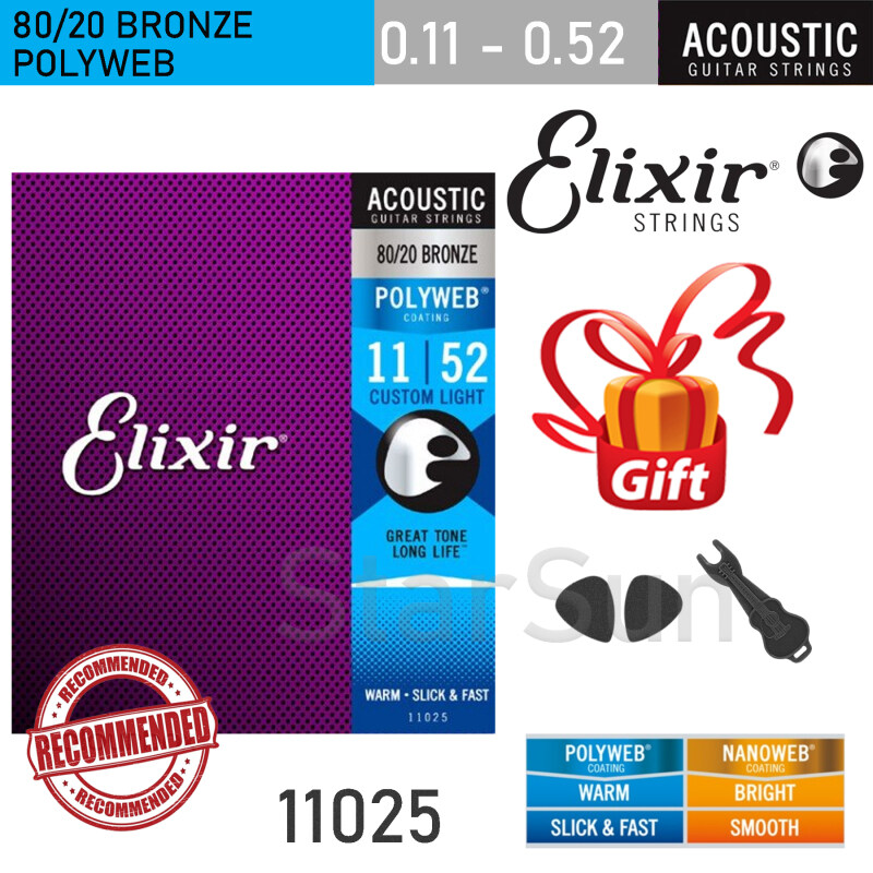 Elixir 11025 Polyweb 80/20 Bronze Acoustic Guitar Strings 11-52 Malaysia