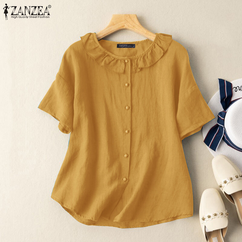 ZANZEA Women Cotton Summer Top Short Sleeve Ruffle Round Neck Button Down Shirt Blouse #2