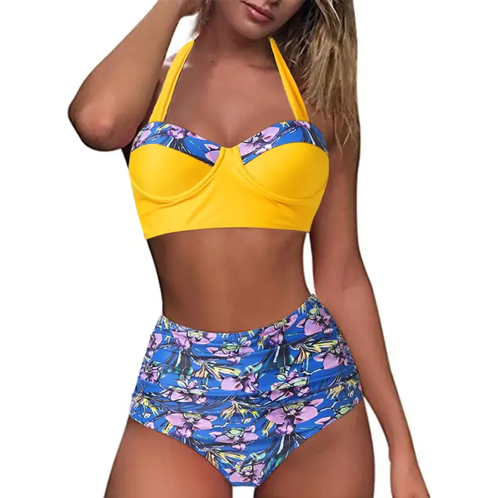 Womens Retro Conservative Split Swimwear Two Pieces Floral Push Up Padded Bikini Women Bikini Sets High Waisted Swimsuit