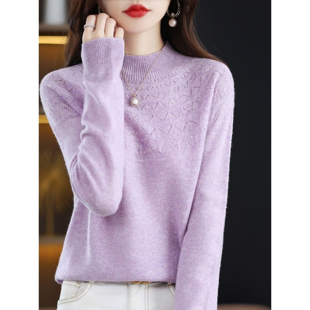 Hollow Out Solid Color Knitted Sweater Women's Half High Collar Loose Pullover Long Sleeved Sweater Korean Version Versatile Short Style Knitted Sweater Worn Inside and Outside
