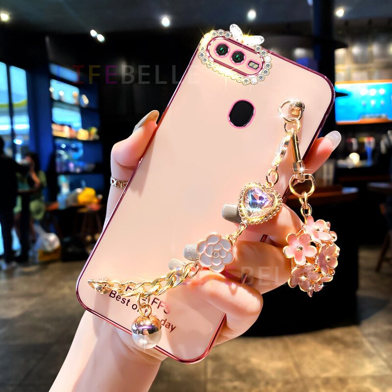 LIFEBELLE Ốp Lưng Cho OPPO A12 A11K A7 A91 A92 A74 A95 A94 A96 A16 A15 A53 A73 A77 A57 A17 Ốp Lưng Điện Thoại Nữ Mạ Sáng Bóng Dây Đeo Cổ Tay Hoa & Kim Cương Giả Ốp Lưng Bảo Vệ Chống Sốc Silicon TPU Mềm