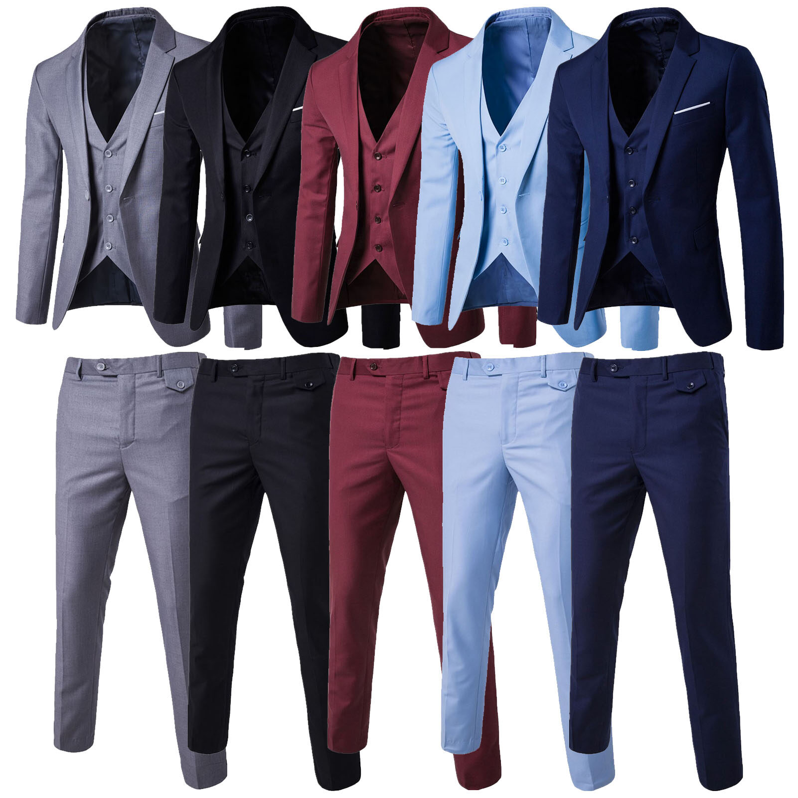Benferry 2Pcs/Set Plus Size Men Solid Color Long Sleeve Lapel Slim Button Business Suit 【Asian Size relatively Smaller】