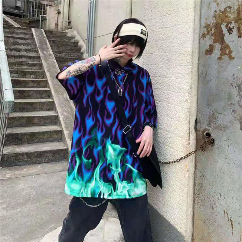 ASRV เสื้อแขนสั้นผู้ชายพิมพ์ลายเปลวไฟ Yamamoto Dark Wind Action Street ...