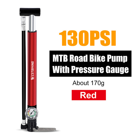 WEST BIKING Portable Bicycle Air Pump Alloy Hand Foot Floor Bike Tire Pump With Hose 140PSI Presta Schrader Valve Pump With Gauge Bicycle Accessories
