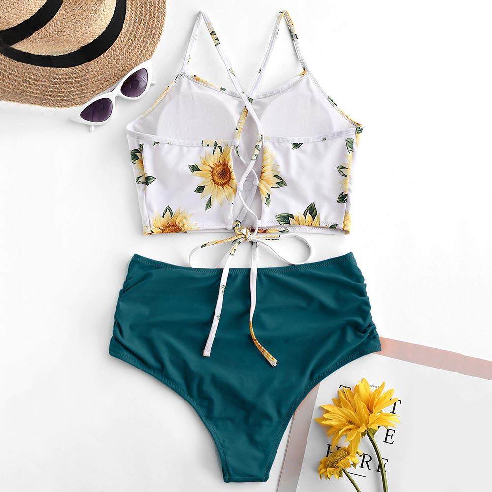 Zaful Womens High Waisted Sunflower Floral Lace-up Tankini Set Swimsuit
