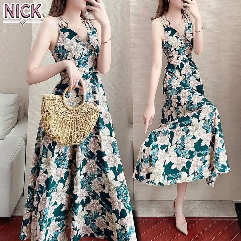 NICK suspender dress for women Floral temperament slim sexy beach long dress
