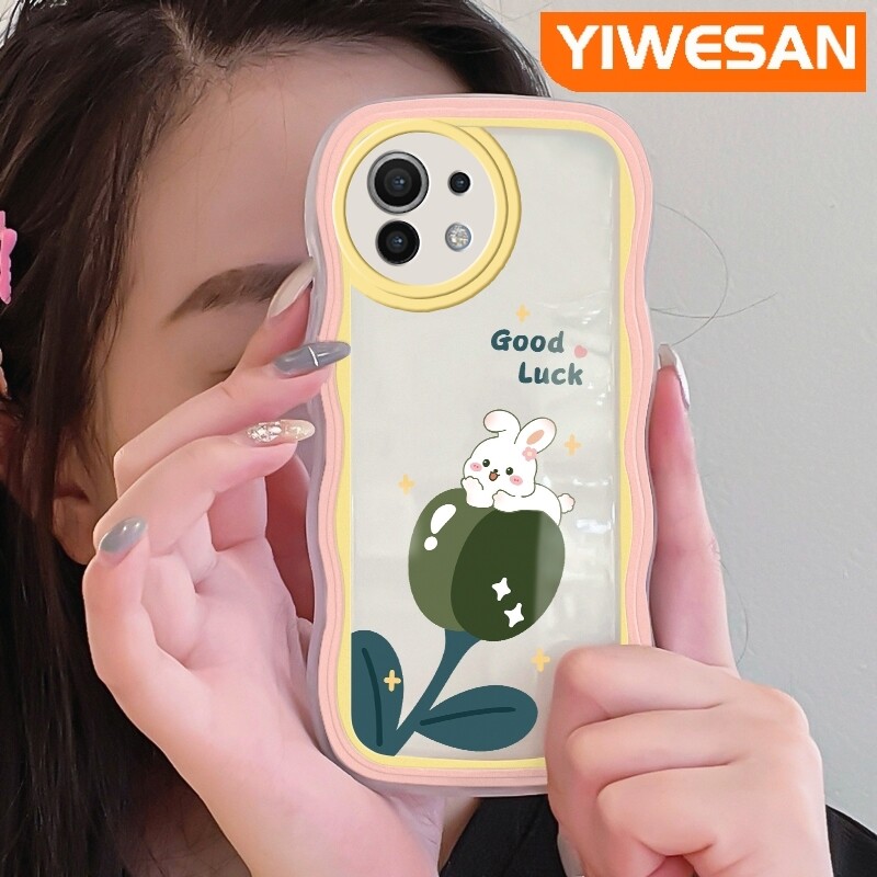 YIWESAN Casing For Xiaomi 11 Lite 5G NE 11 Pro Case Cartoon Rabbit Tulip Pattern Wave Border Soft Clear Shockproof Phone Cases Creative Camera Transparent Casing Silica Gel Protective Cover
