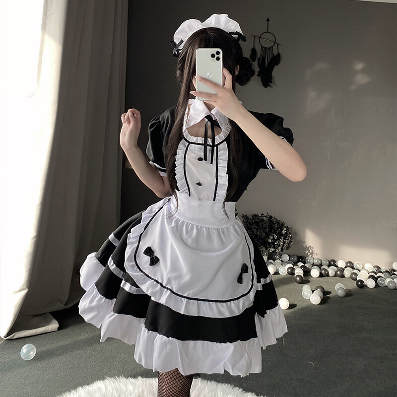 Anime K-On Costume Japanese Maid Uniform Dress With Apron Headband Adult Women Lolita Maid Outfits Restaurant Cafe Maid Dress Halloween Fancy Dress