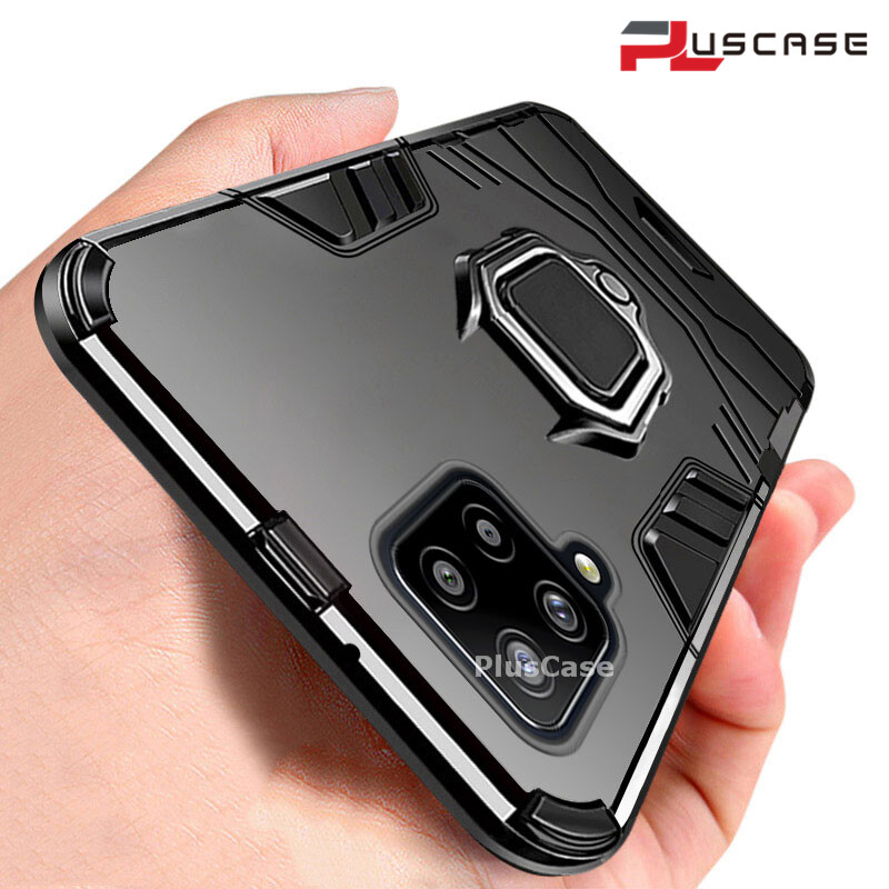 PlusCase for Samsung Galaxy A12 Metal Ring Stand Case Armor Back Protective Shockproof Hard Rugged Dual Layer Casing
