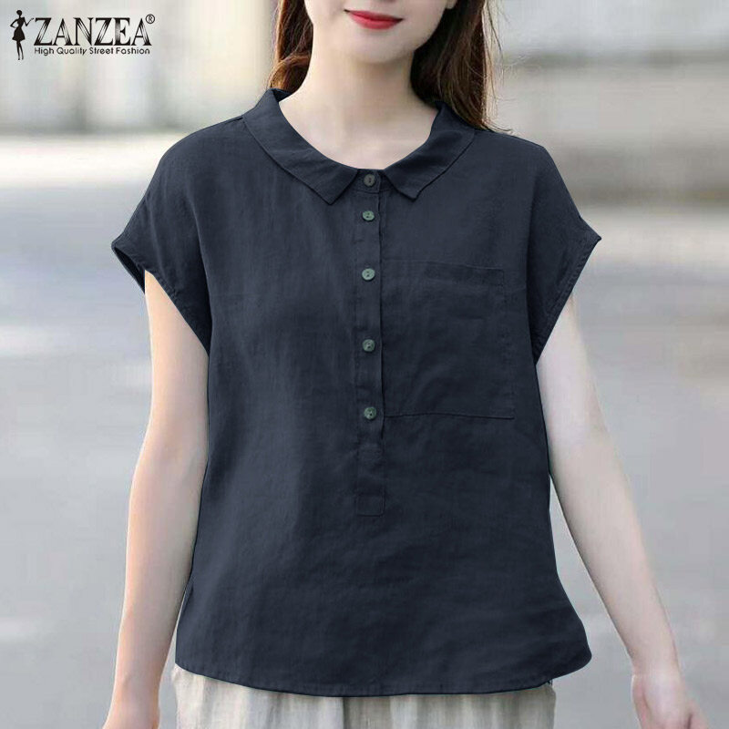 Momonaco zanzea muslimah women muslim cotton short sleeve button up shirt asymmetric hem solid blouse tops mco