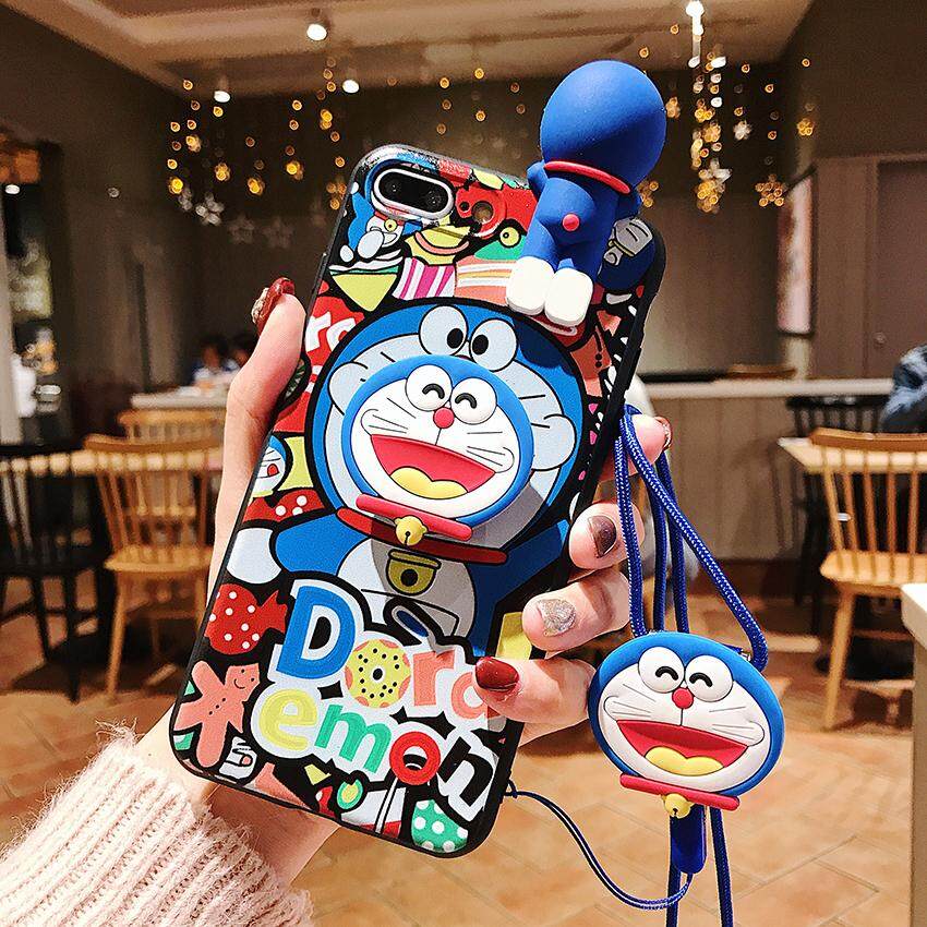 Untuk OPPO A3s A5 A5s A7 F5 A73 A83 A77 R9 R9 Plus Case 3D Kartun Doraemon Pokonyan Klang Boneka Case dengan Stand Pemegang Lanyard Lembut Penutup Belakang