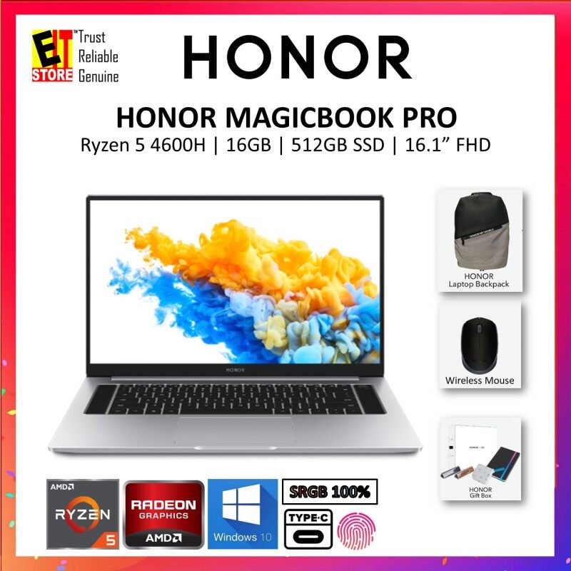 HONOR MAGICBOOK PRO (R5-4600H/16GB/512GB SSD/16.1FHD/AMD RADEON GRAPHICS/W10/2YR) Laptop + Backpack + Mouse Malaysia