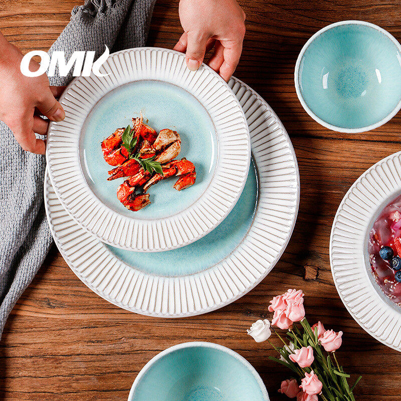 OMK Nordic Style Stoneware Dinnerware Set Dinner Plate Large Steak Plate Salad Bowl Ceramic Tableware