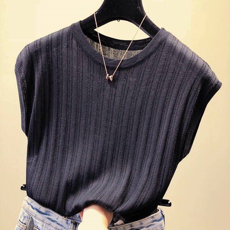 Spring, Summer, and Autumn Large Knitted T-shirt Women's Loose Solid Short Sleeve 2023 New Top Underlay Shirt