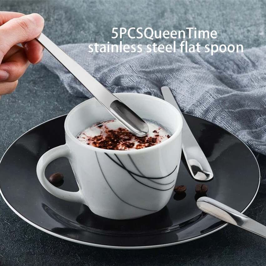 5PCSQueenTime Coffee Spoon Stainless Steel Flat Spoon For Dessert Small Coffee Scoop Mixer Stirring Bar Spoon Kitchen Tableware