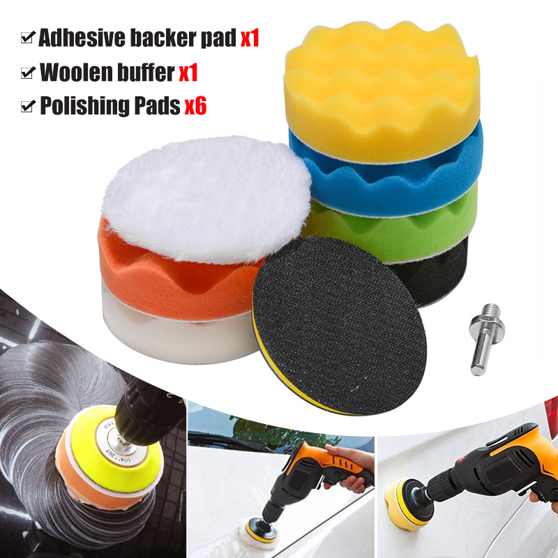 8Pcs 100mm Polisher Pad Set Buffing Adhesive Backer Pad Gross Polishing Buffing Pad Kit With Drill Adapter Car Cleaning Tool