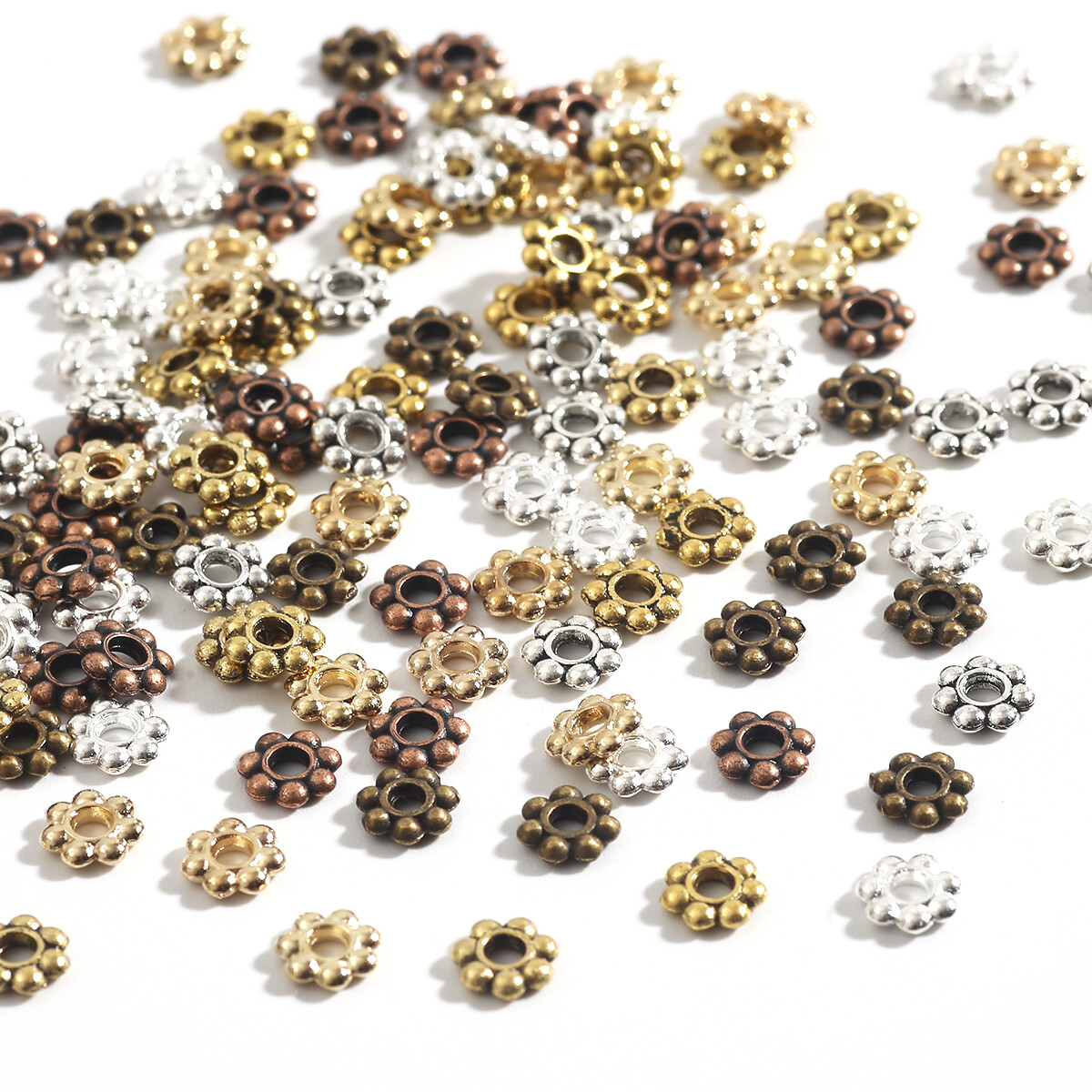 200pcs/Bag 4/5/6mm Ancient Silver Gold Plated Plum Metal Spacer Beads Wheel Flower Charms Beads Caps For Jewelry Making DIY Bracelet Supplies Accessories