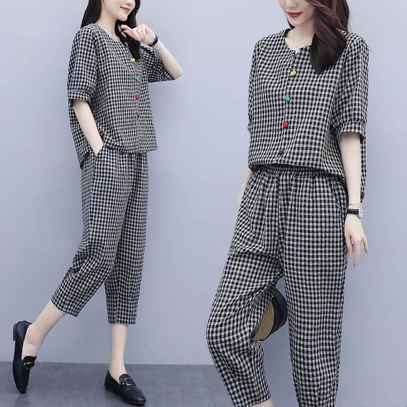 Fashion Cotton and Linen Suit Summer Short-Sleeved Plaid Top Loose Casual Cropped Pants Linen Two-Piece Women