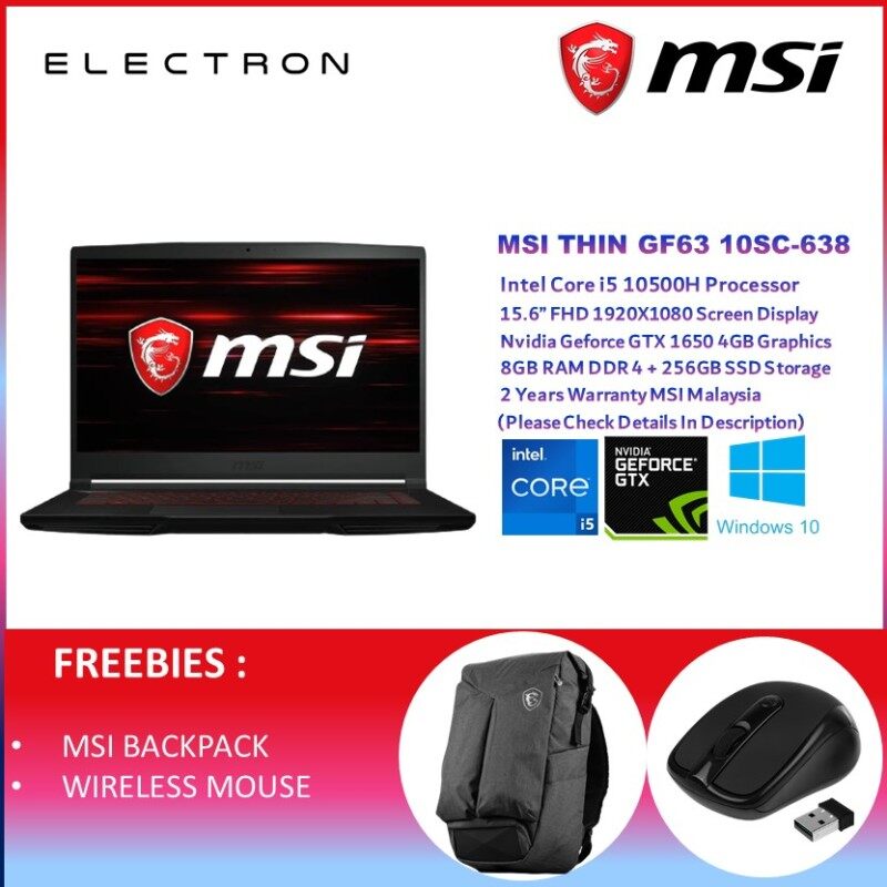 MSI Thin GF63 10SC-638 15.6 FHD Gaming Laptop ( I5-10500H, 8GB, 256GB SSD, GTX1650 Max-Q 4GB, W10 ) Malaysia