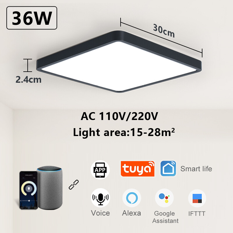 Ming&ben 2.4cm ultra thin led square ceiling lights with cold/warm/neutral white 220v 36w tuya wifi app/remote control multiple styles for living room bedroom