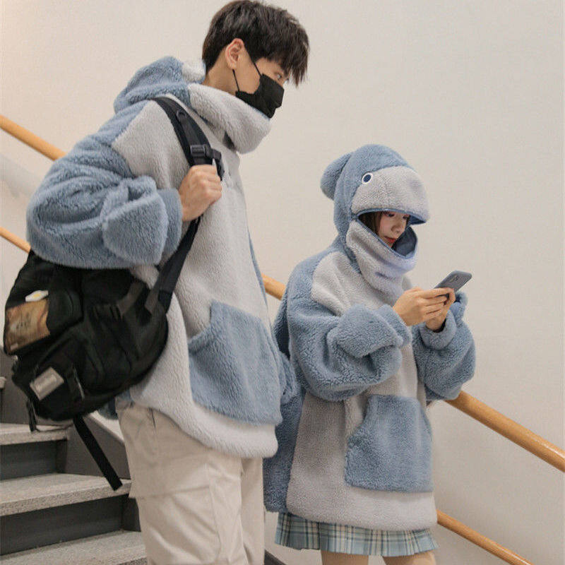 Cute Autistic Shark Hoodie Unisex Plus Size Autumn Winter Spring Loose Thick Lamb Wool Hooded Sweater Hoodie