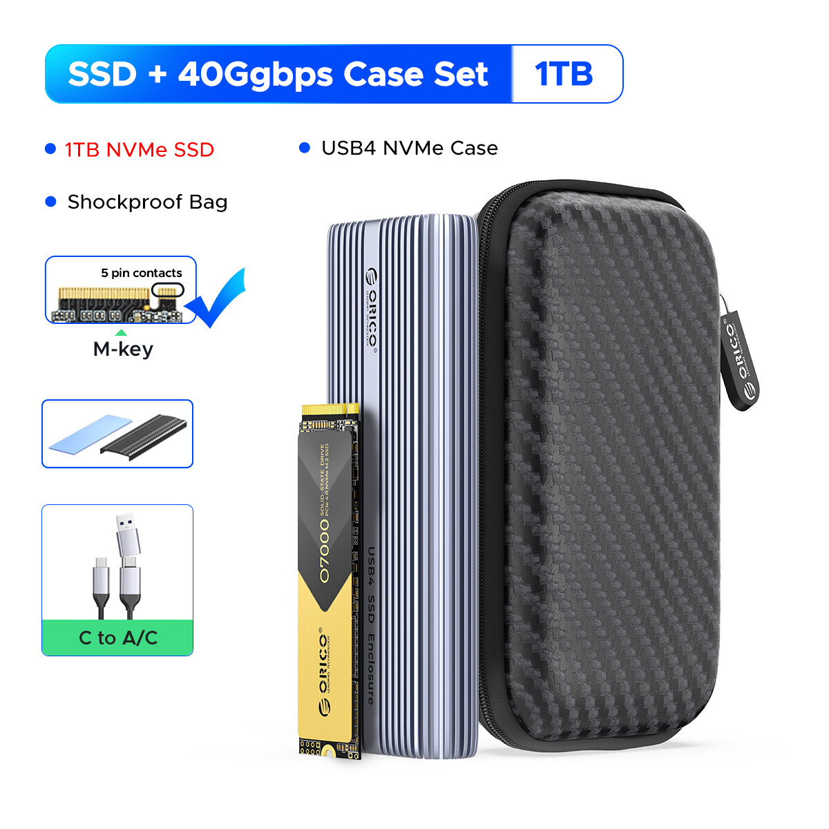 Orico m.2 nvme enclosure usb4 40gpbs fast speed 2 in 1 type c usb a cable with cooling fan compatible with thunderbolt 3 4 usb3.2 for laptop desktop