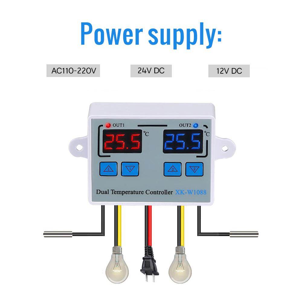 Smart Sensor Dual Digital Thermostat Temperature Controller Two Relay Output Thermoregulator for incubator Heating Cooling XK-W1088 AC110-220VAC 50/60Hz /12V DC/24V DC