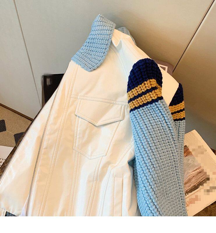 Sweater Patchwork Denim Jacket Women's Lapel Jacket Retro Baseball Uniform New Fall 2022 Casual Oversize Outwear for Female
